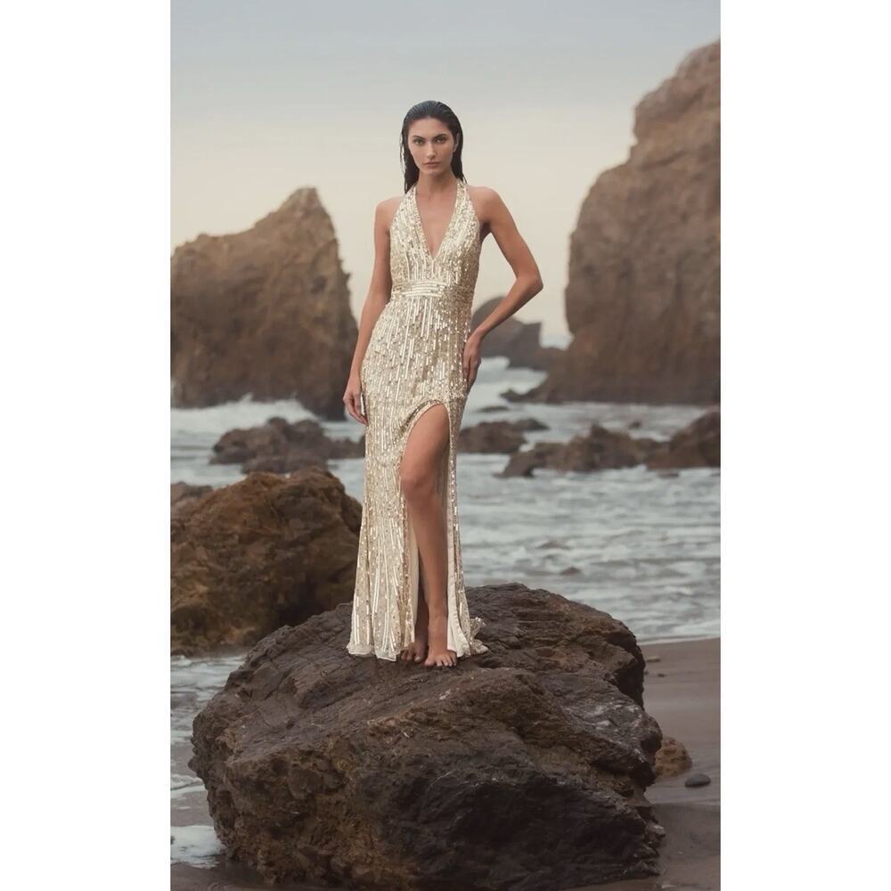 Mac Duggal 5759 Gold Sequined Halter Strap Trumpet Gown Size 16 $498 - Picture 4 of 11